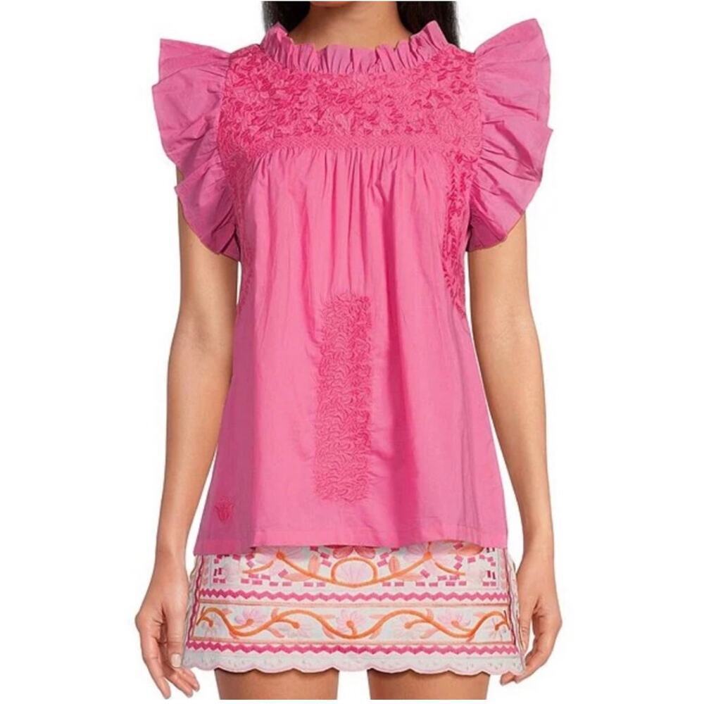 J. Marie Collections Wrin Woven Flutter Sleeve Embroidered Blouse Pink Size XS